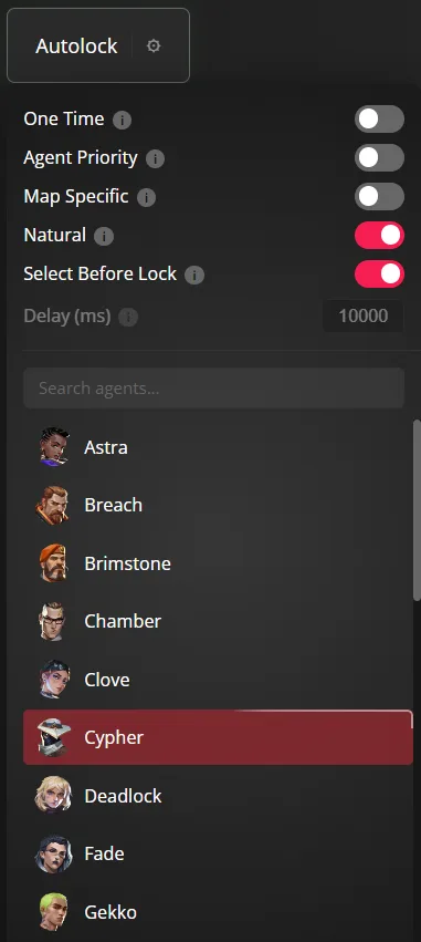 Autolock settings panel with agent list
