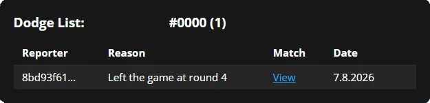 Dodge list entry with reporter, reason and match link