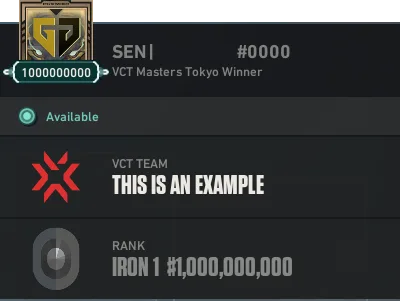 Spoofed presence showing a VCT team, custom title and rank