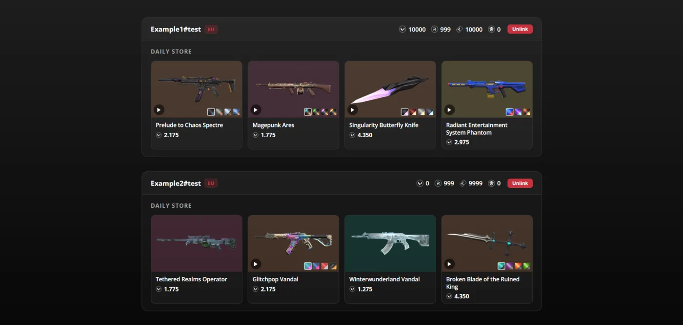 Store viewer website showing the daily store of two accounts